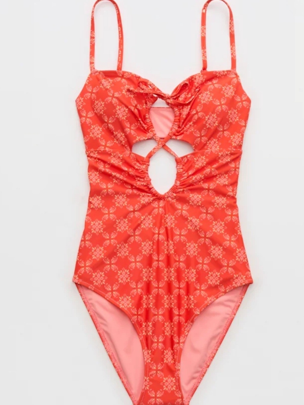 Aerie Ruched Cutout Full Coverage One Piece Swimsuit - Orange Patterned, Size XL